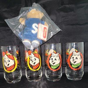 Libbey Alvin and Théodore Glass Tumbler Set 4 Chipmunks Glasses Vintage 1985